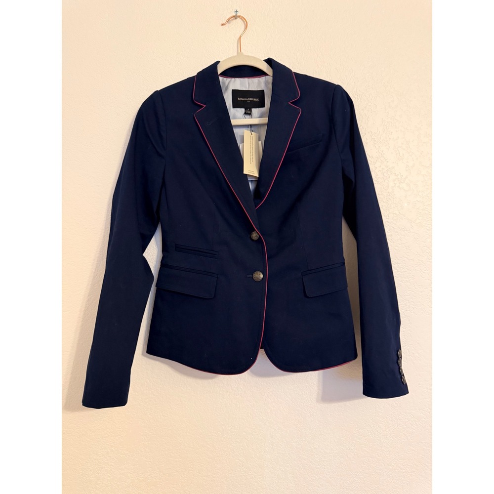 Banana Republic Women Navy Blue Pink Trim Blazer Jacket Size‎ 2 Machine Washable